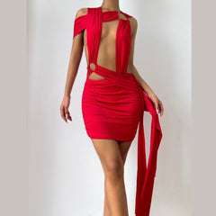 Ruched hollow out irregular o ring cut out mini dress
