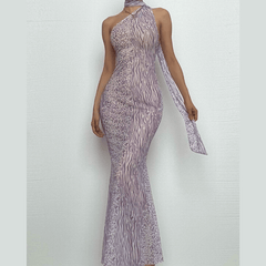 Halter one shoulder leopard print sheer mesh maxi dress-final-sale