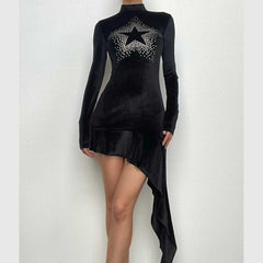 Star pattern beaded irregular long sleeve high neck ruffle mini dress-final-sale