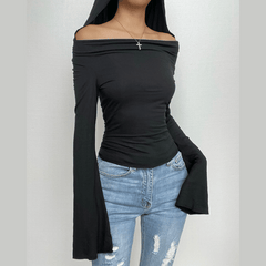 Cowl neck hoodie long flared sleeve solid 2-way top