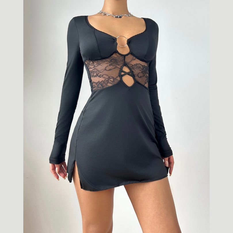 Hollow out o ring long sleeve lace cut out mini dress