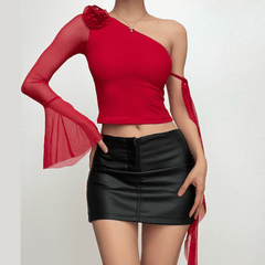 Long flared sleeve one shoulder mesh flower applique backless top-final-sale
