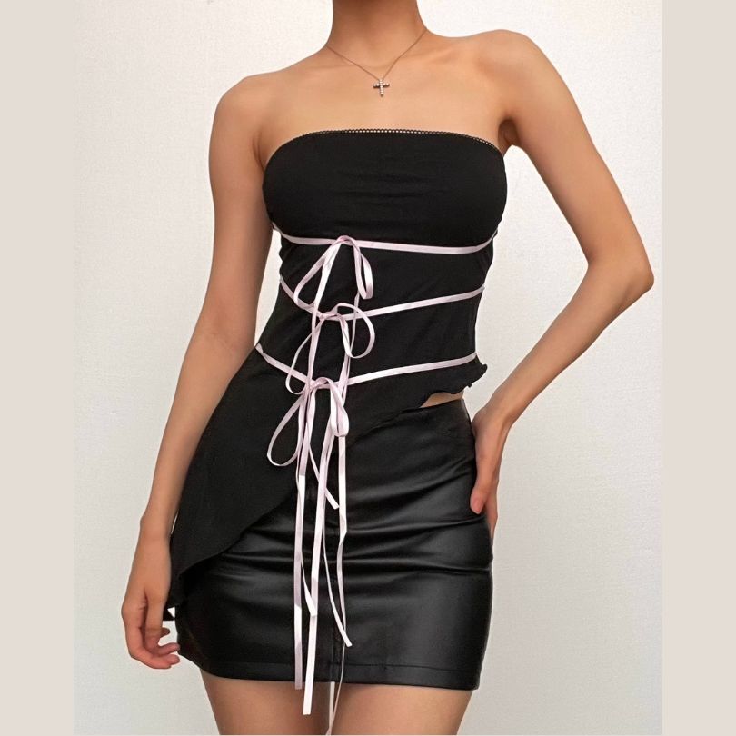 Bowknot ribbon ruffle backless irregular tube top