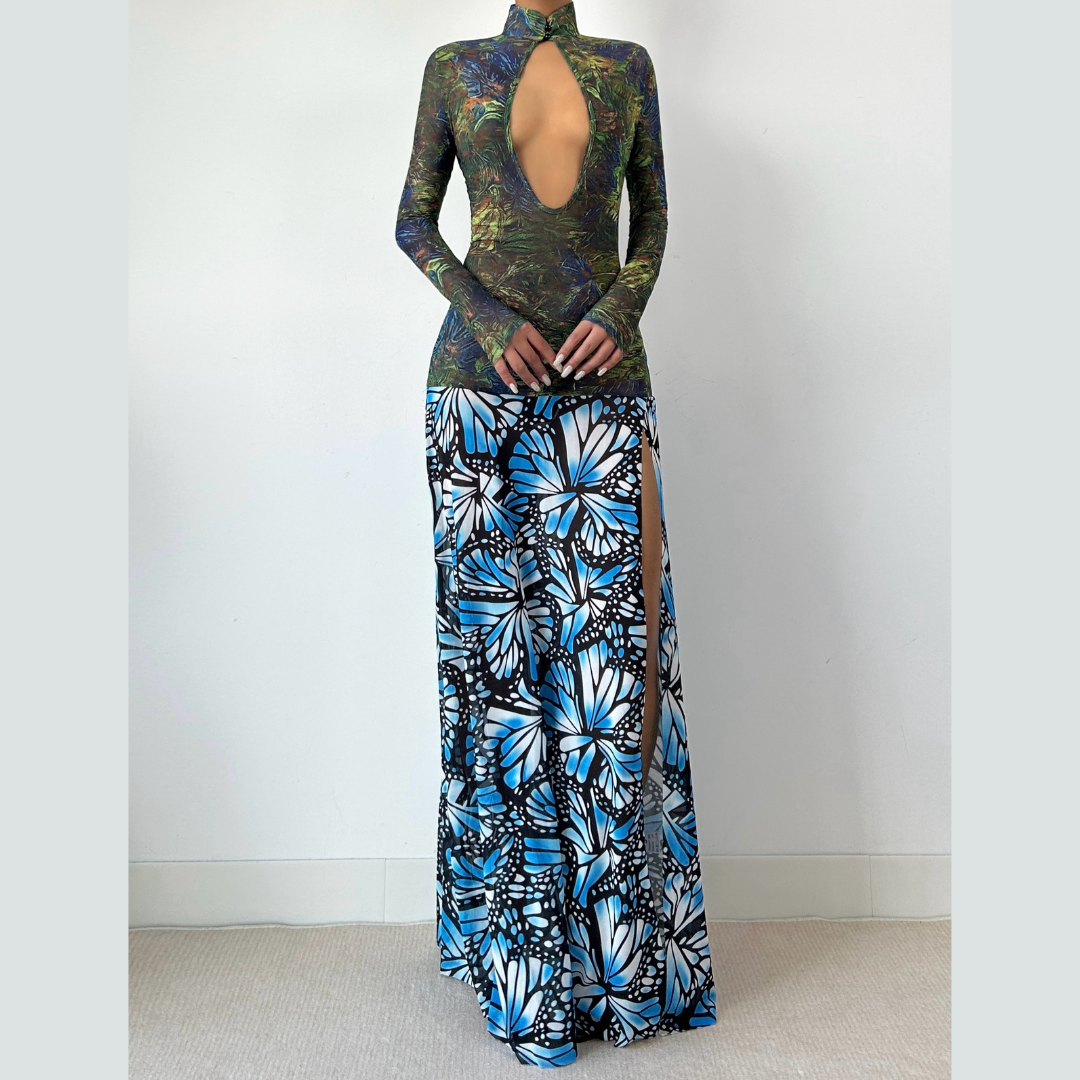 High neck long sleeve print slit mesh maxi dress