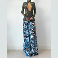 High neck long sleeve print slit mesh maxi dress