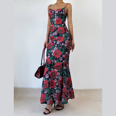 Cowl neck flower print zip-up contrast backless cami maxi dress-final-sale