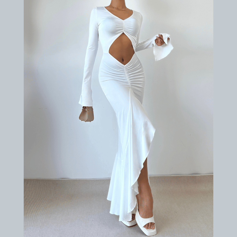Long sleeve hollow out ruched v neck cut out maxi dress