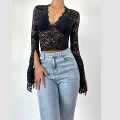 Long flared sleeve lace v neck see through top