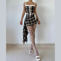 Plaid irregular zip-up lace hem mini skirt