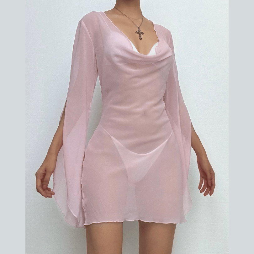Cowl neck long sleeve backless chiffon mini dress