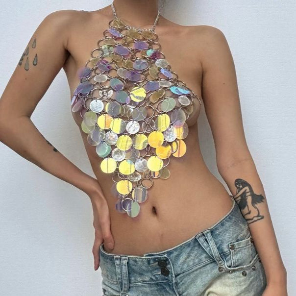 O ring glitter halter metal chain backless top