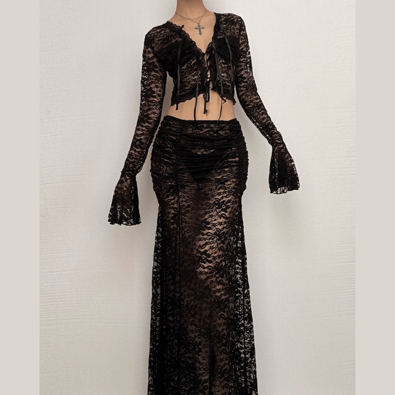 Long flared sleeve lace see through maxi skirt set-final-sale