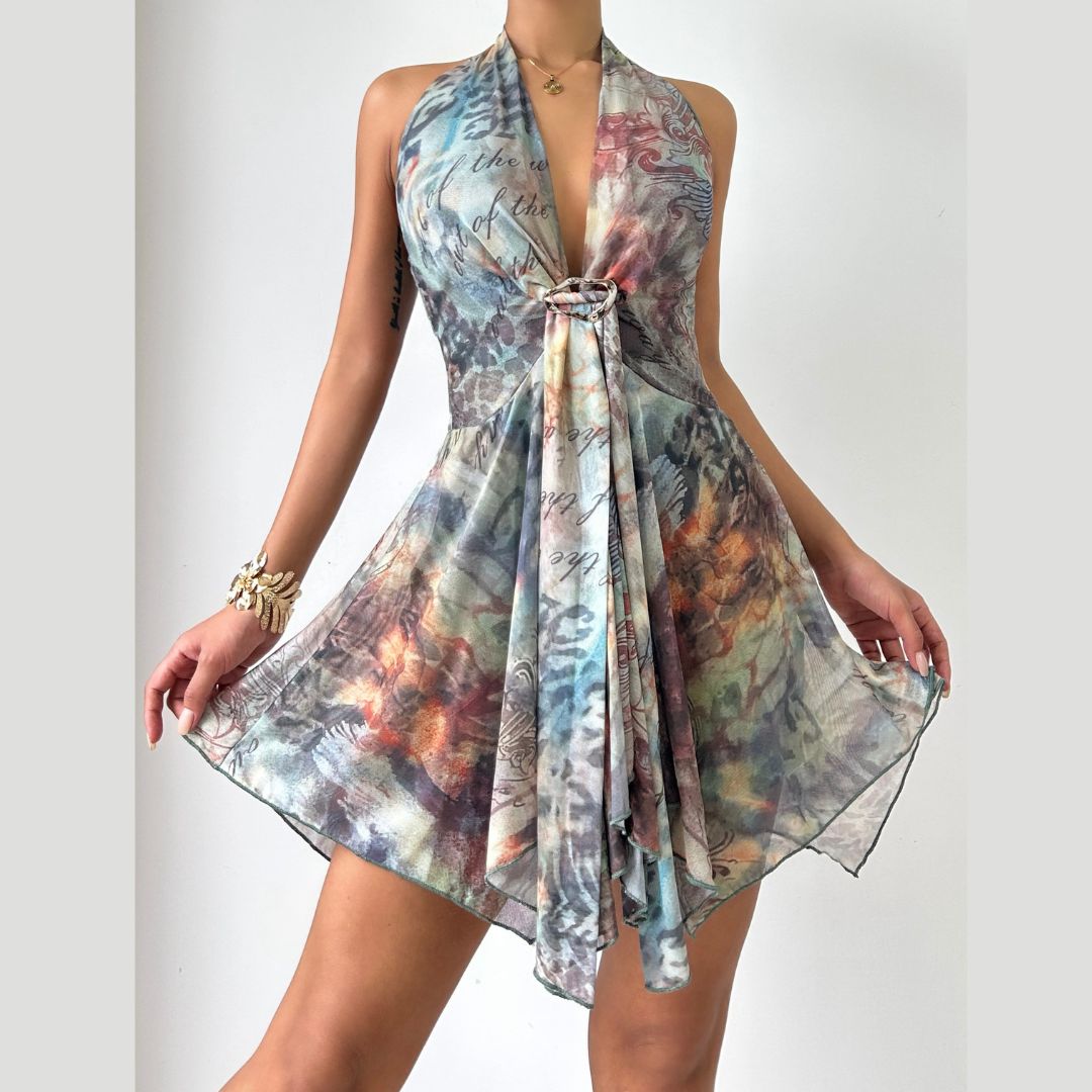 Halter v neck mesh contrast ruffle mini dress