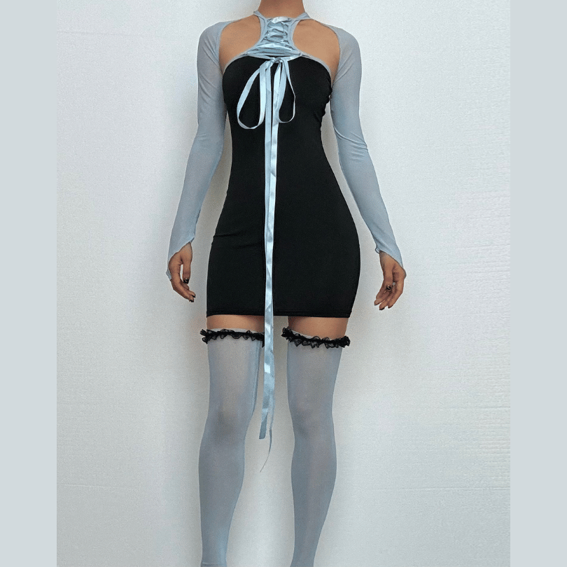 Shrug mesh long sleeve button 3 piece mini dress