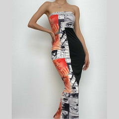 Abstract print contrast patchwork backless slit tube maxi dress-final-sale