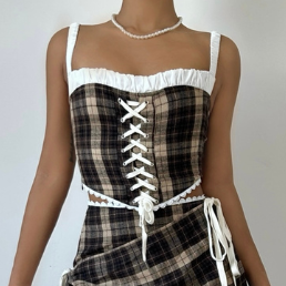 Plaid lace up zip-up cami top