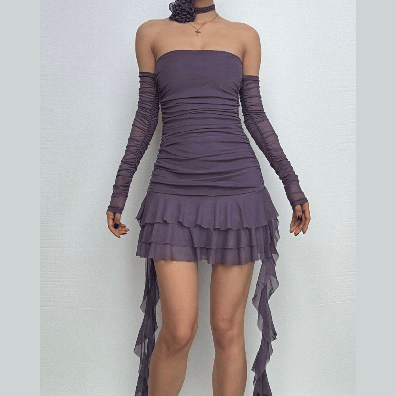 Long sleeve sheer mesh flower applique mini dress