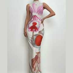 Abstract contrast print high neck sleeveless slit maxi dress-final-sale