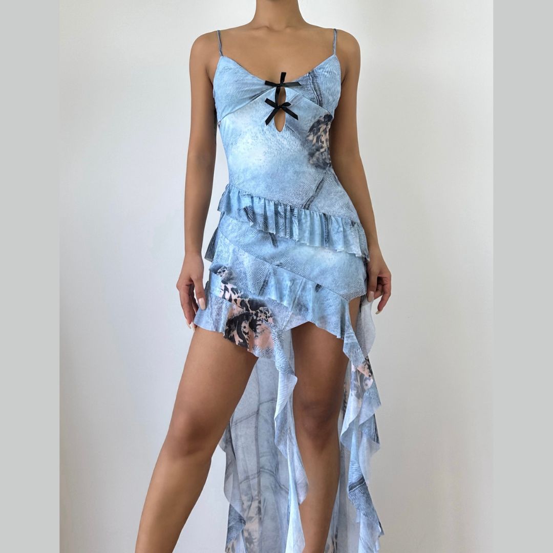 Bowknot hollow out v neck print cami cut out mini dress