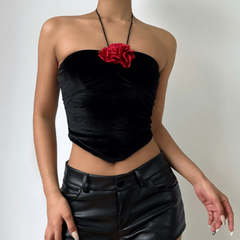 Halter velvet flower applique backless top