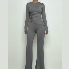 Long sleeve ruched high rise pant set-final-sale