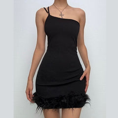 Solid irregular feather patchwork backless mini dress