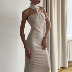 Ruched high neck solid maxi dress