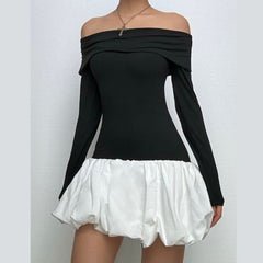 Ruched long sleeve off shoulder contrast mini dress