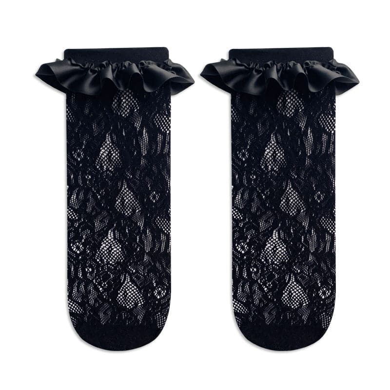 Lace ruffle satin solid long socks