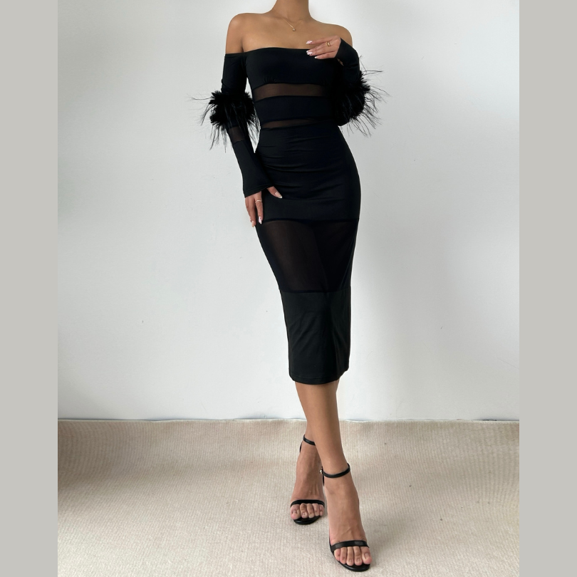 Off shoulder long sleeve fluffy mesh patchwork mini dress