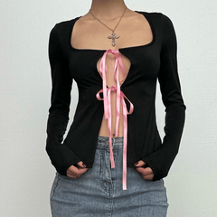 Long sleeve bowknot hollow out ribbon cut out top