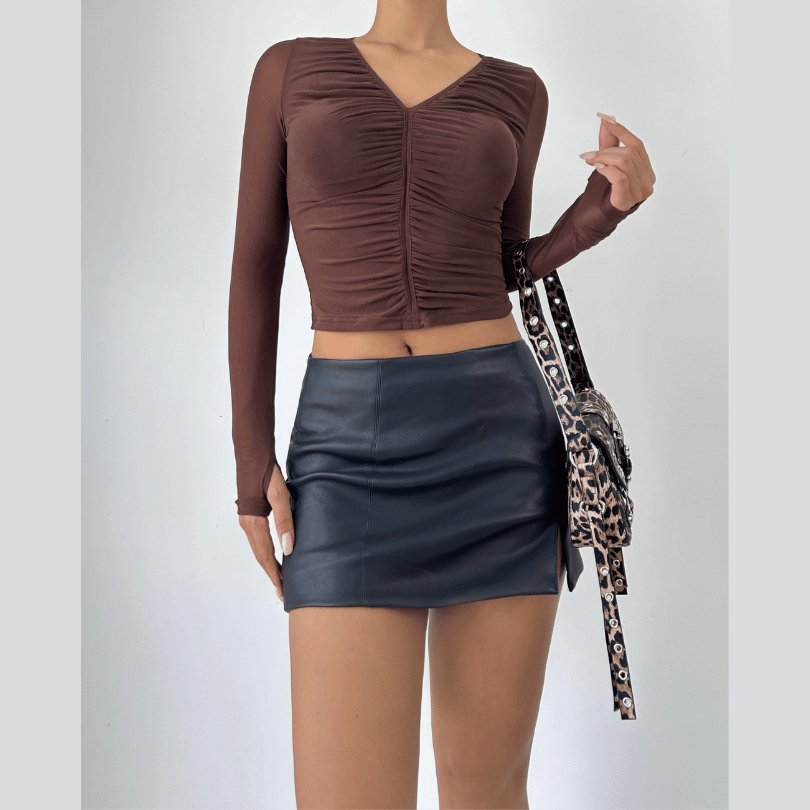 Sheer mesh long sleeve ruched v neck top