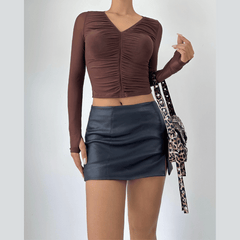 Sheer mesh long sleeve ruched v neck top