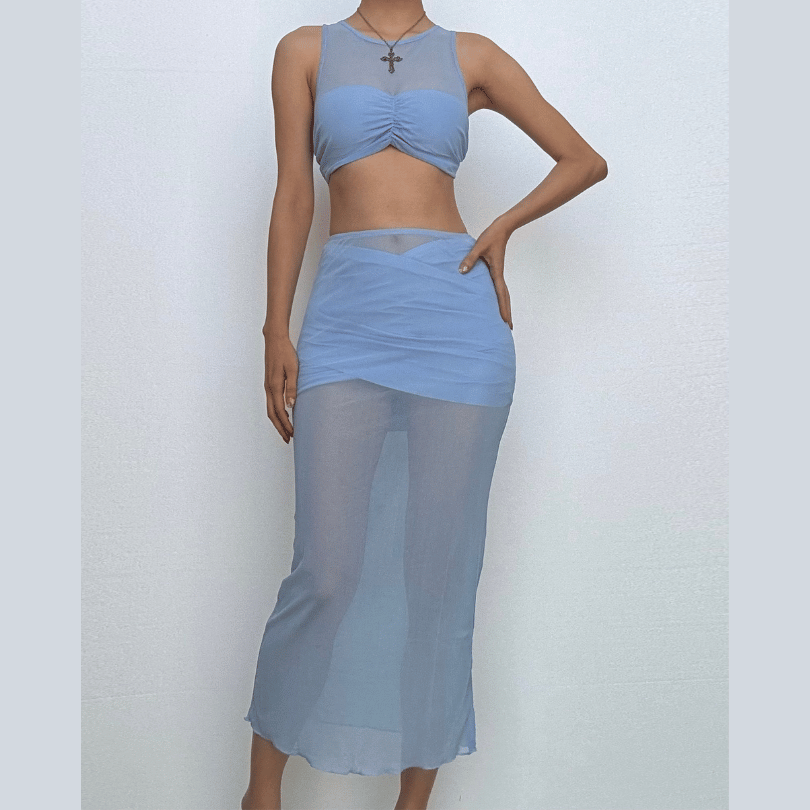 Crewneck sleeveless ruched mesh crop maxi skirt set-final-sale