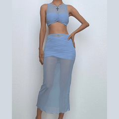 Crewneck sleeveless ruched mesh crop maxi skirt set-final-sale