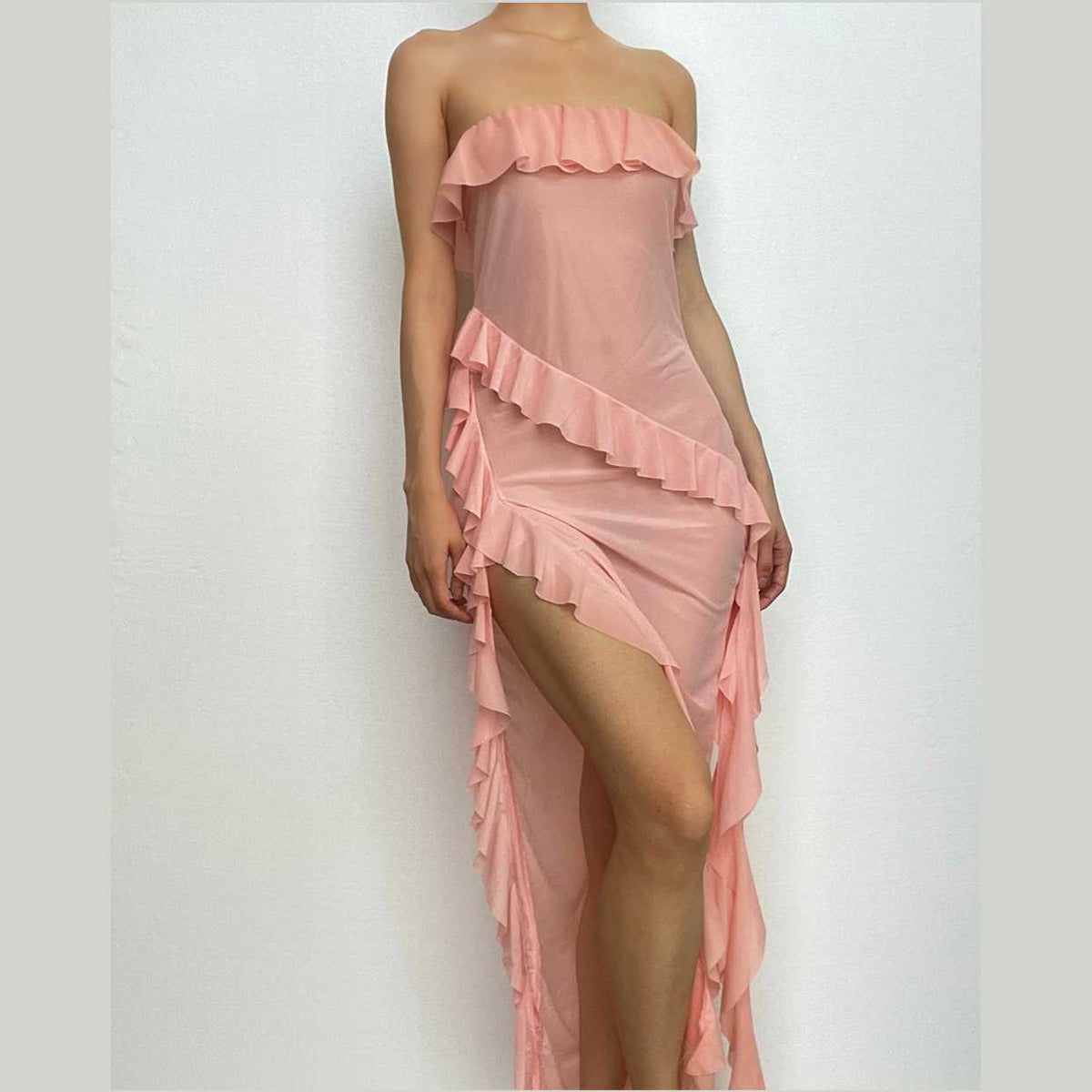 Ruffle solid slit irregular backless tube midi dress-final-sale