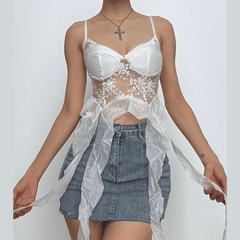 Mesh embroidery ruffle backless cami top