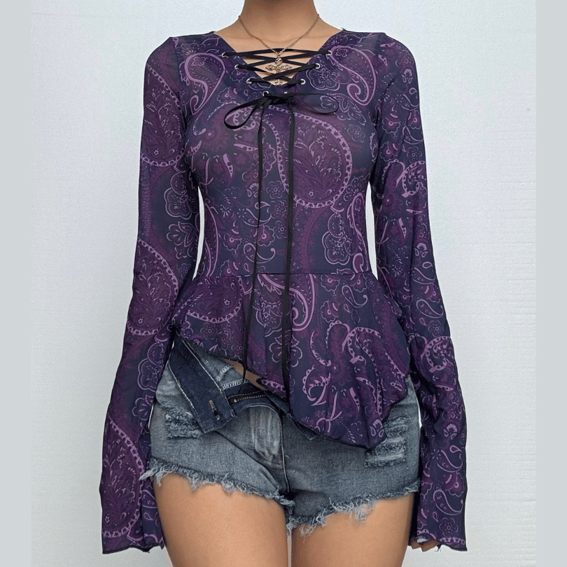 Long flared sleeve print lace up irregular sheer mesh ruffle top