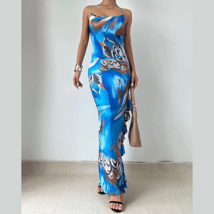 Halter ruffle high slit contrast maxi dress