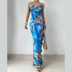 Halter ruffle high slit contrast maxi dress