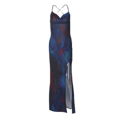 Print cowl neck slit cross back cami maxi dress
