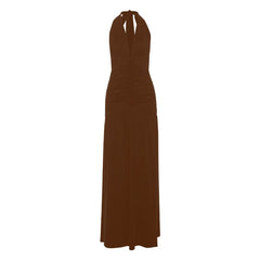 Halter deep v neck ruched backless maxi dress