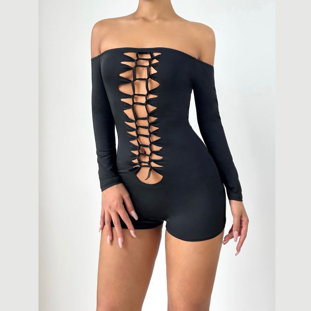 Long sleeve hollow out off shoulder solid romper