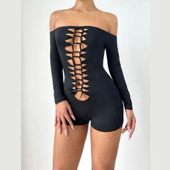 Long sleeve hollow out off shoulder solid romper