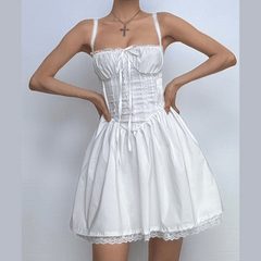 Lace hem lace up ruched backless square neck mini dress