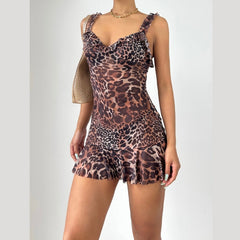 Leopard print v neck ruffle mesh cami mini dress