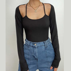 Halter solid ribbed long sleeve low cut bodysuit-final-sale