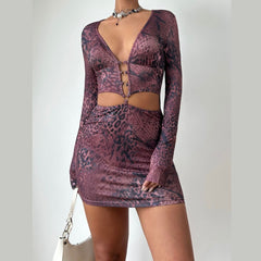 Long sleeve deep v neck print hollow out cut out mini dress