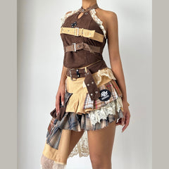 Lace hem buckle hollow out pleated mini skirt set