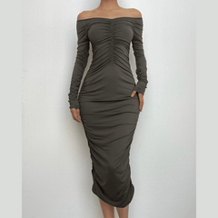 Off shoulder long sleeve ruched solid midi dress-final-sale